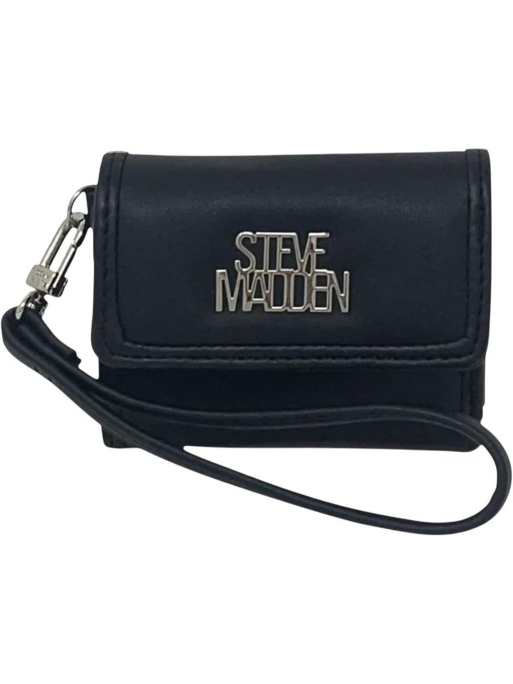 Chic Women's Trifold Wallet with Wrist Strap - Black & Silver, Stylish Organizer
